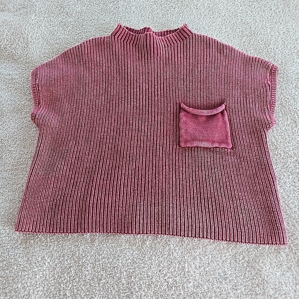 Zenana Washed Look Mock Neck Short Sleeve Cropped Sweater Dark Pink Sz‎ L/XL - Picture 9 of 13